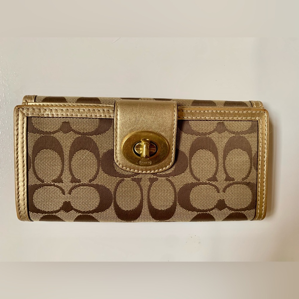 Coach Signature Brown and Tan Wallet with Gold Hardware